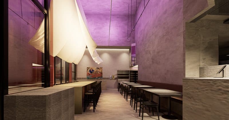 CROSTA bar counter with draped lighting