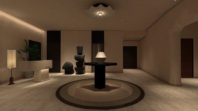 LUME entrance lobby with a round pedestal table and sculpture