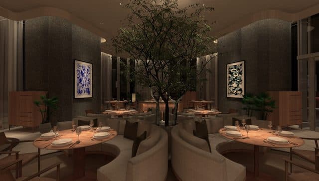 LUME banquette seating around a central tree