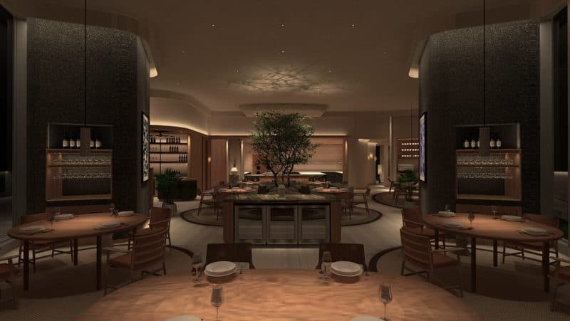 LUME main dining room framed by columns, with a tree at its centre