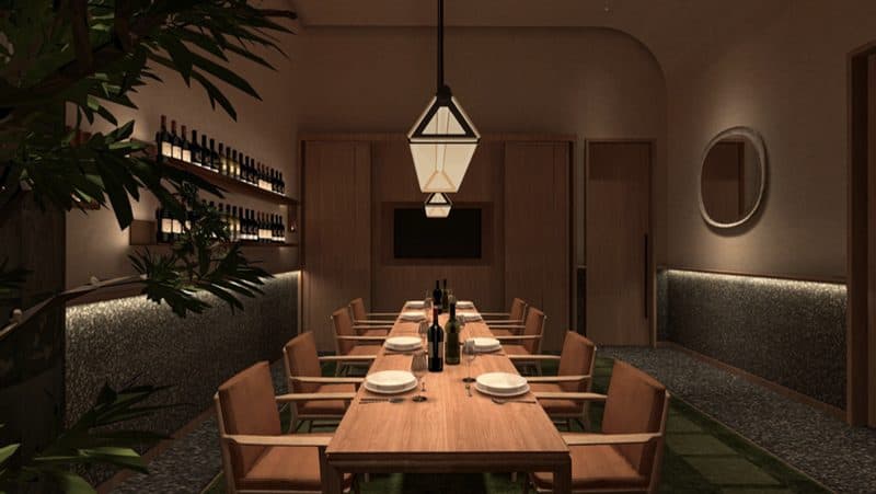 LUME chef's counter and pass under warm pendants