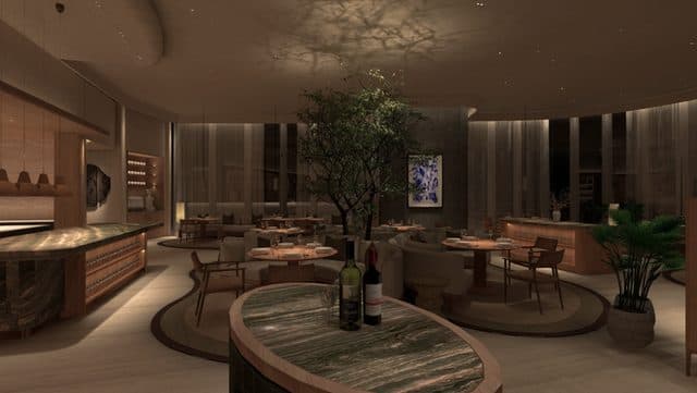 LUME bar and marble counter beside the dining room