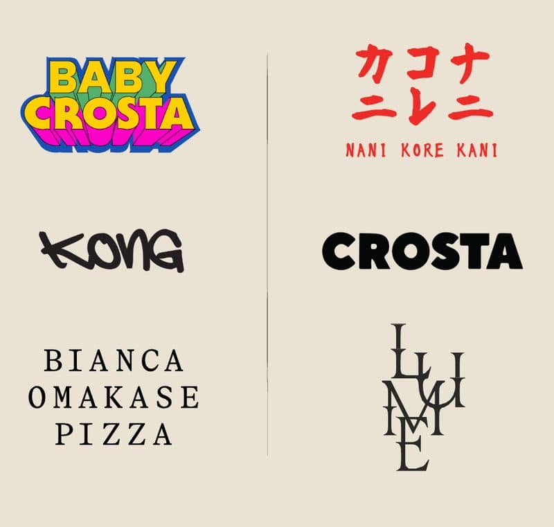 Brand wordmarks: Baby Crosta, Nani Kore Kani, Kong, Crosta, Bianca Omakase Pizza, and LUME